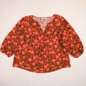 Orange Pink Floral Corduroy Peasant Top Size 0X Cottagecore Puff Sleeve Sonoma